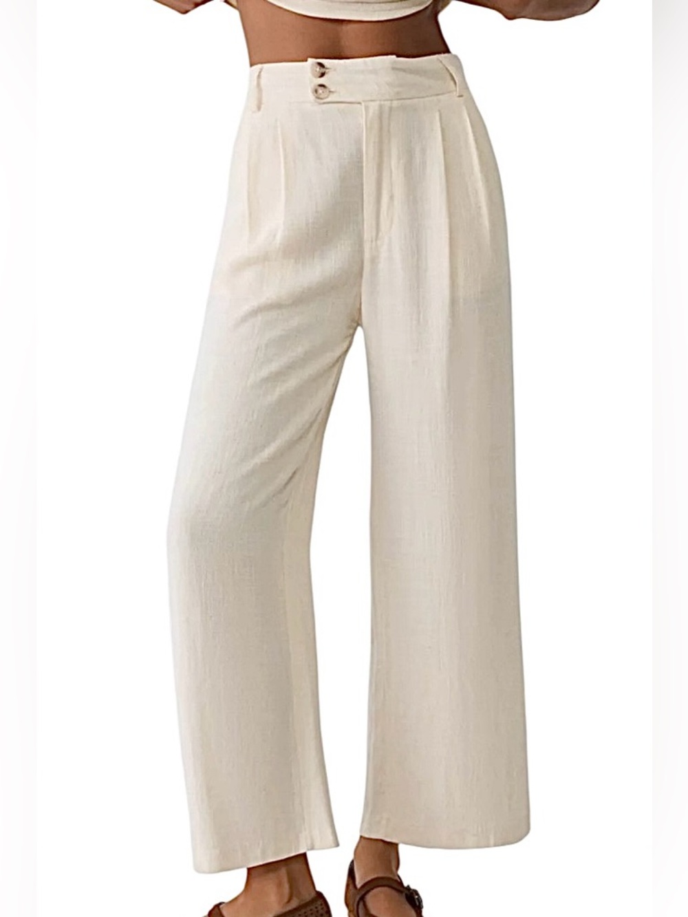 Stradivarius Linen Blend Pants Women’s Cream Wide-Leg Boho Beach Trousers Sz 4